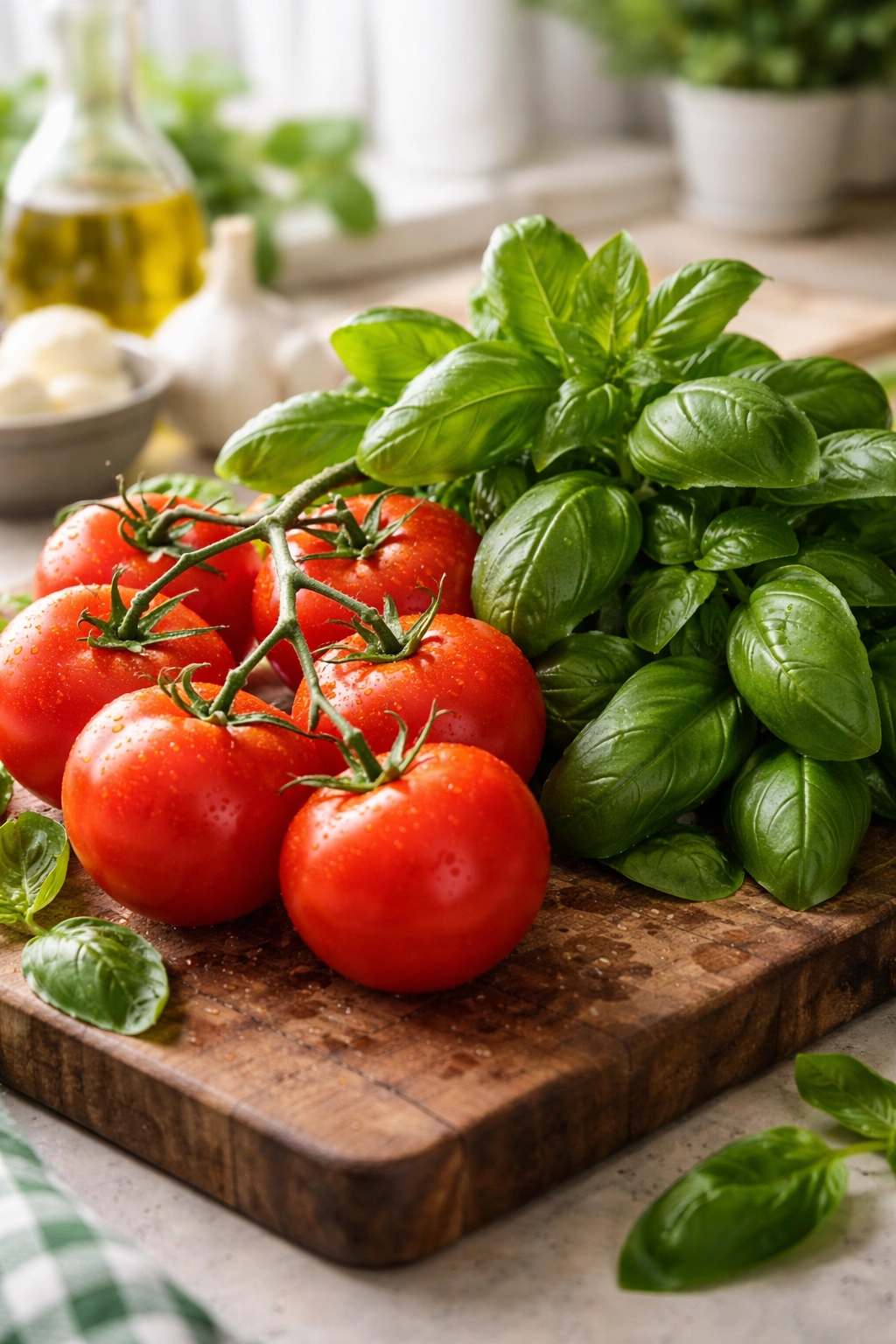 Close-up of fresh tomatoes and basil on a rustic board highlighting quality ingredients