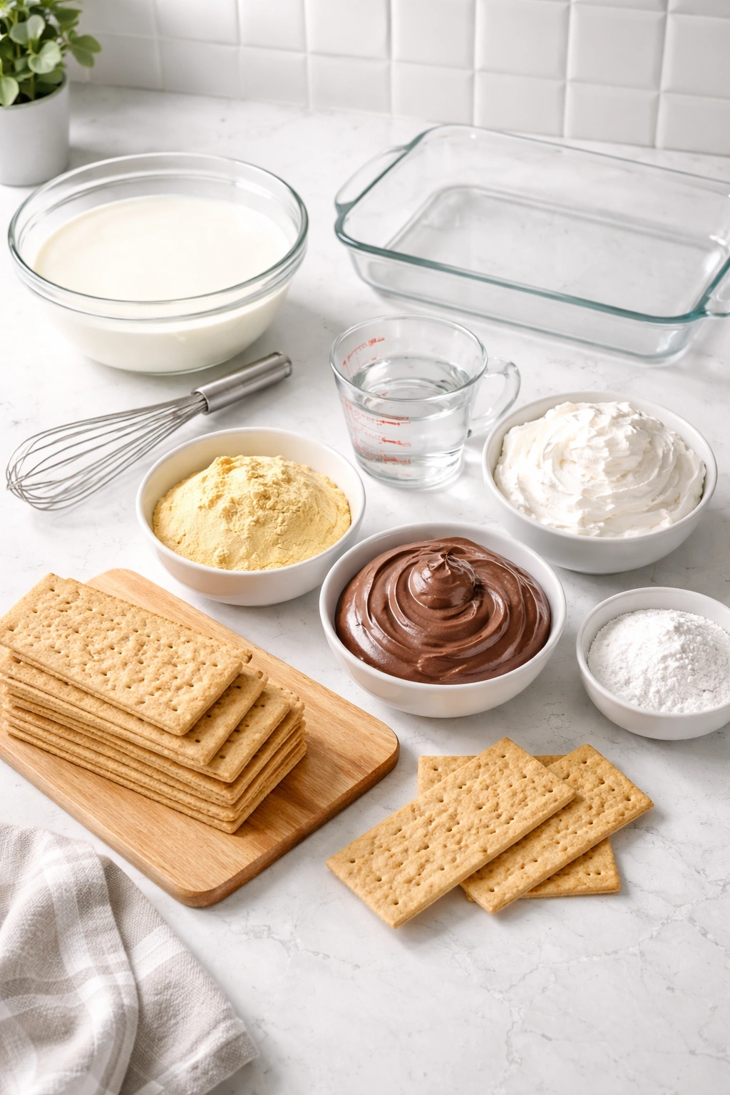 Unmarked utensils, plain wafers, and glass bowls arranged on counter for no-bake dessert prep