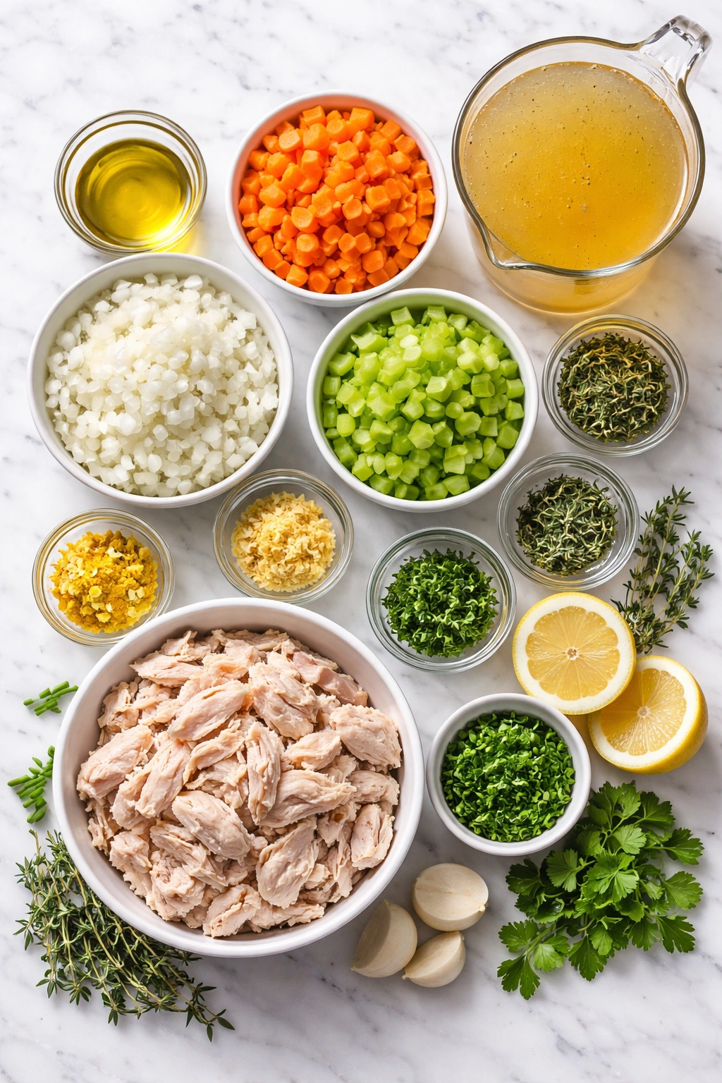 Top-down arrangement of soup base ingredients on a clean surface