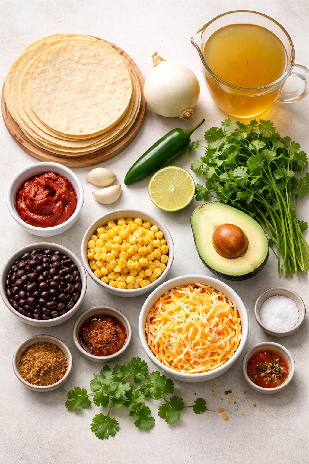 Assorted tortilla soup ingredients arranged on a clean surface