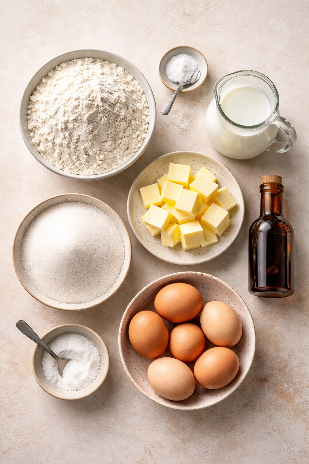 Flat lay of eight vanilla cake ingredients arranged on a clean surface