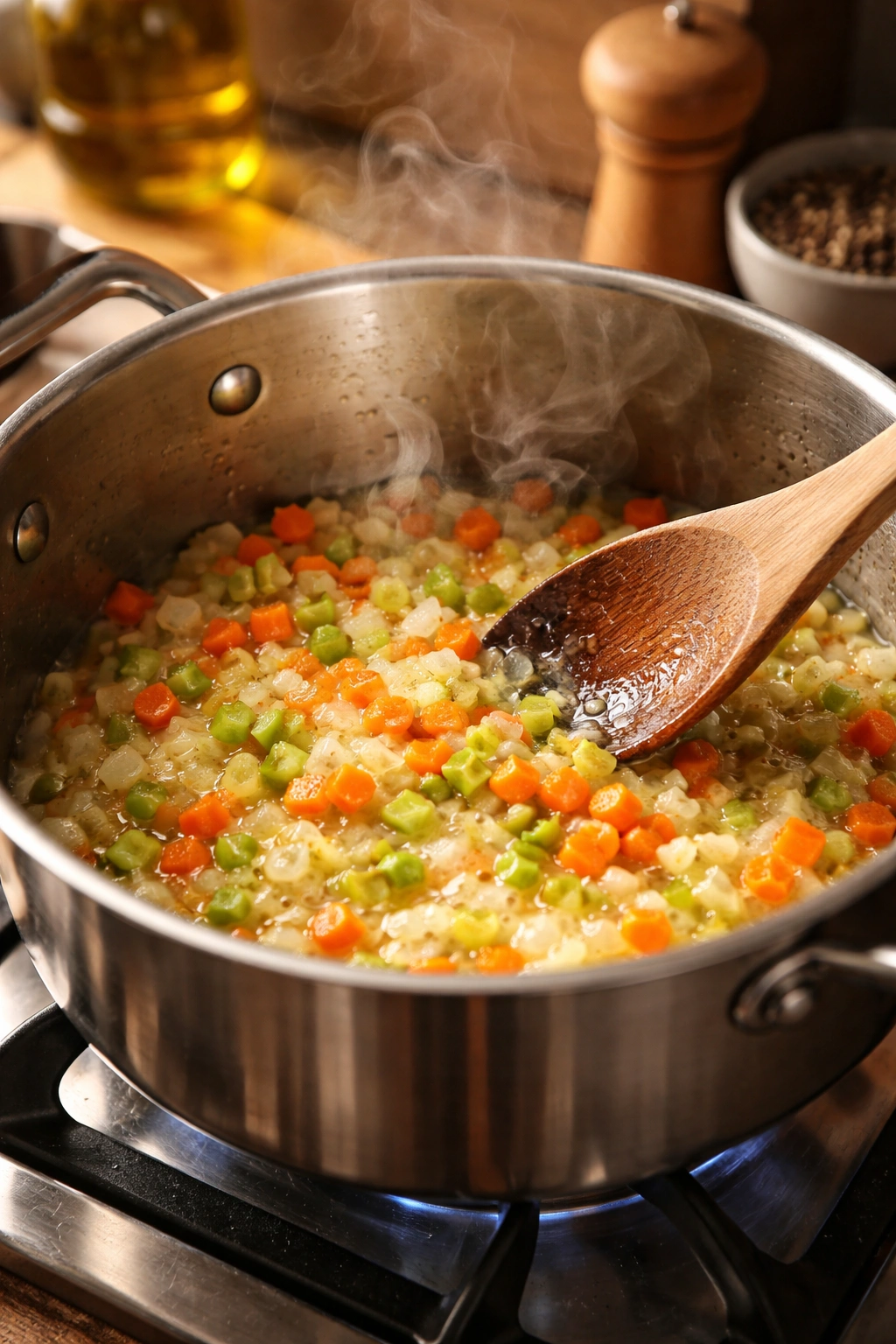 Sautéed onions, carrots, and celery in butter cooking in a pan