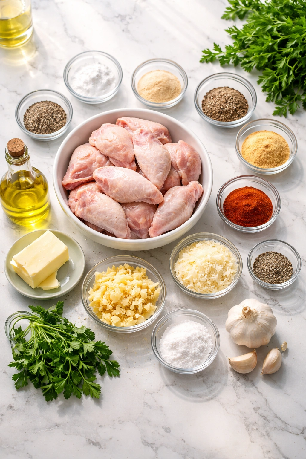 Arrangement of wings and dry and sauce ingredients on counter