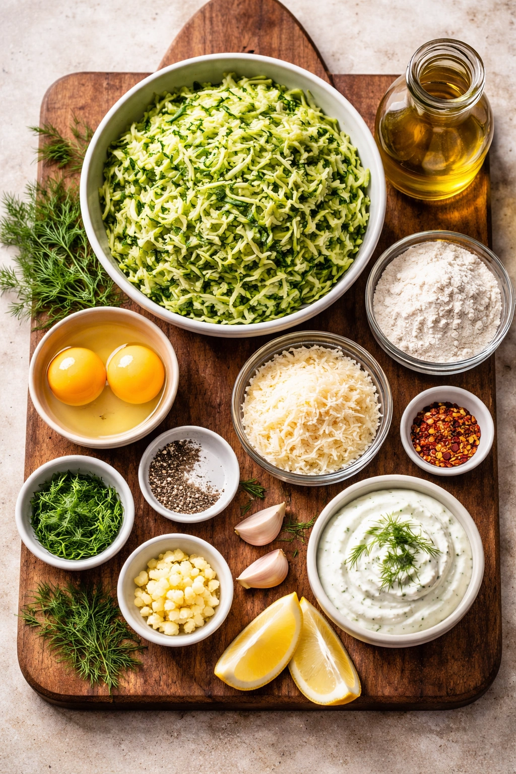 Ingredients for zucchini fritters arranged on a board