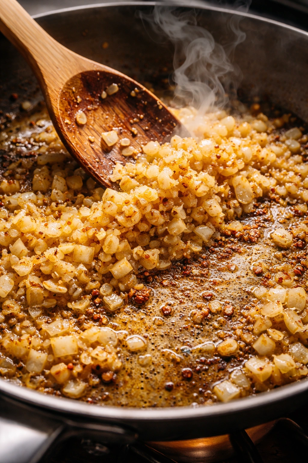 Close-up of aromatics browning to enhance soup flavor