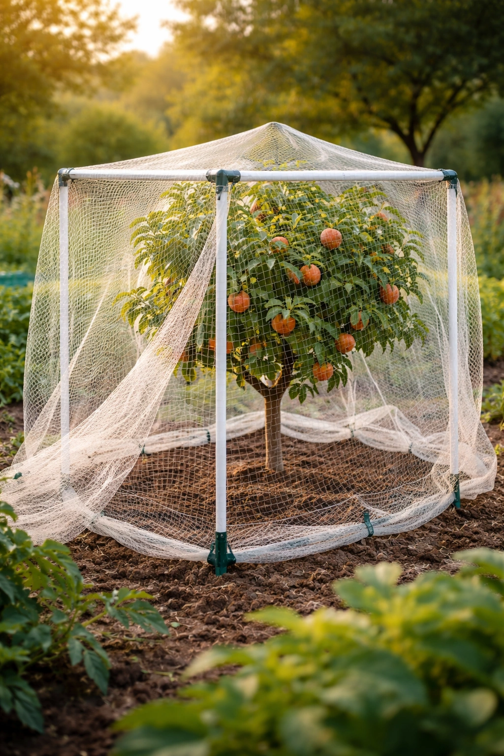 Frame and netting around a tree during installation showing setup process