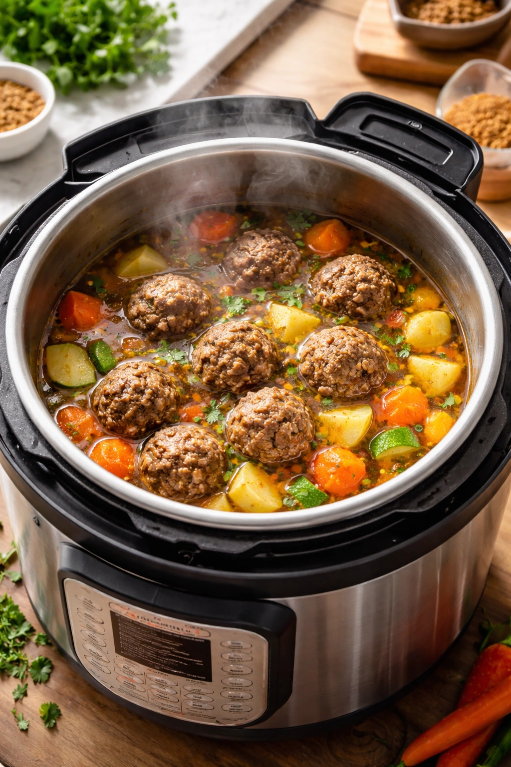 Interior view of pressure cooker with meatballs in broth