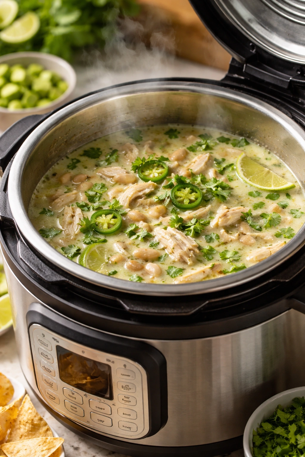 Creamy white chicken chili in Instant Pot inner pot with steam