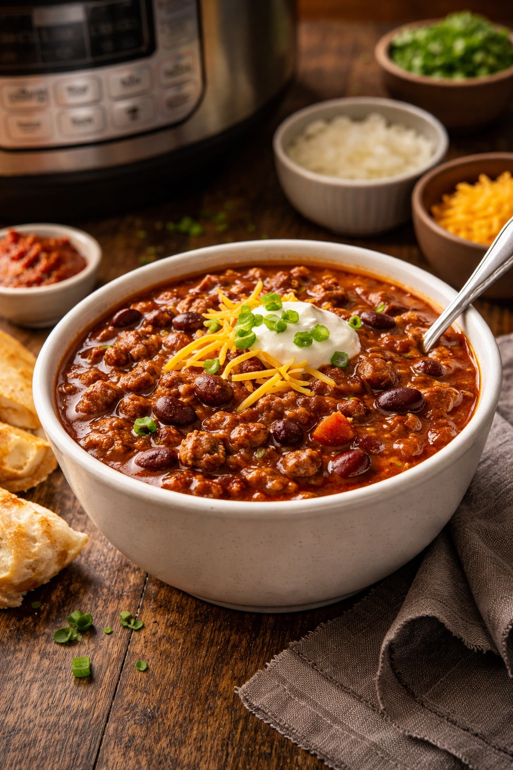 Steaming bowl of hearty chili with beans and beef