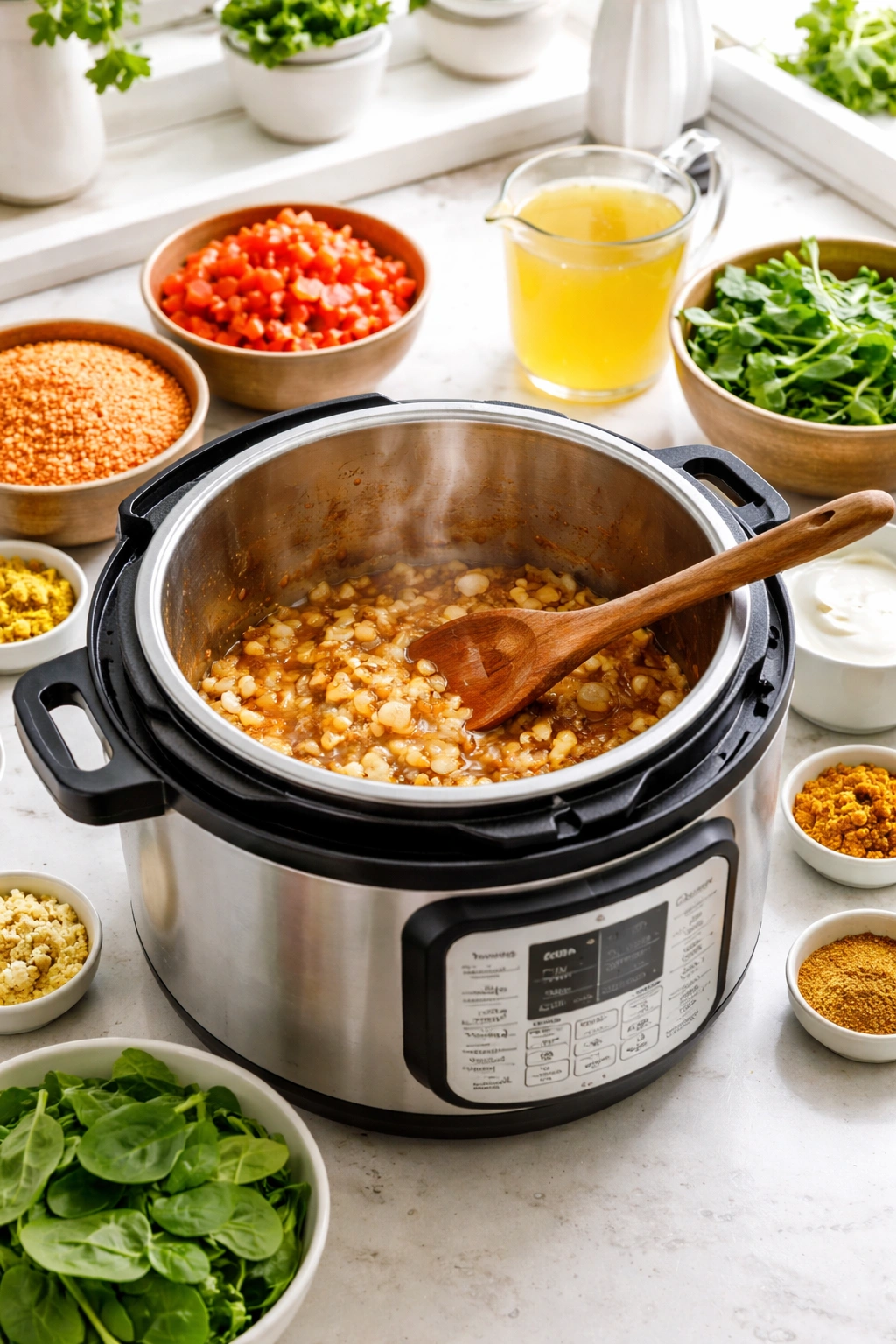 Instant Pot with surrounding ingredients for pressure-cooked lentil dal