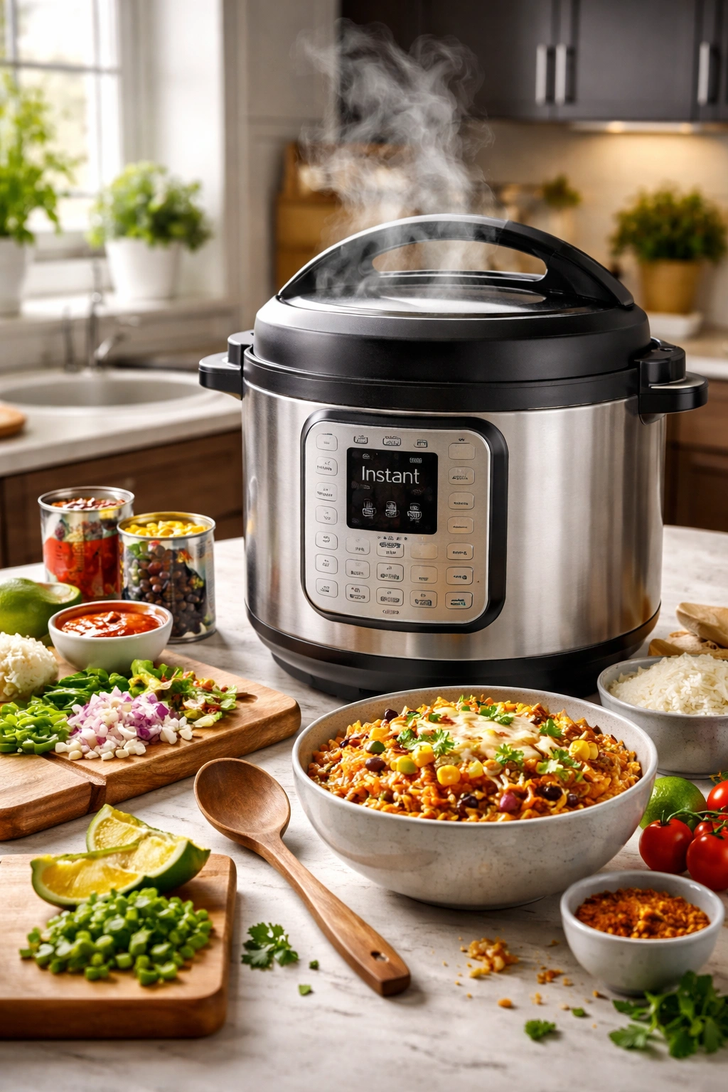 Instant Pot on counter with steam and nearby ingredients