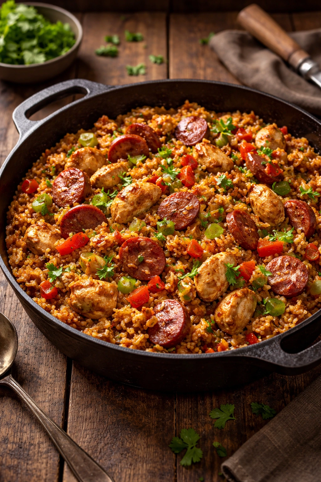 Jambalaya in a rustic pot with sausage, chicken, and rice