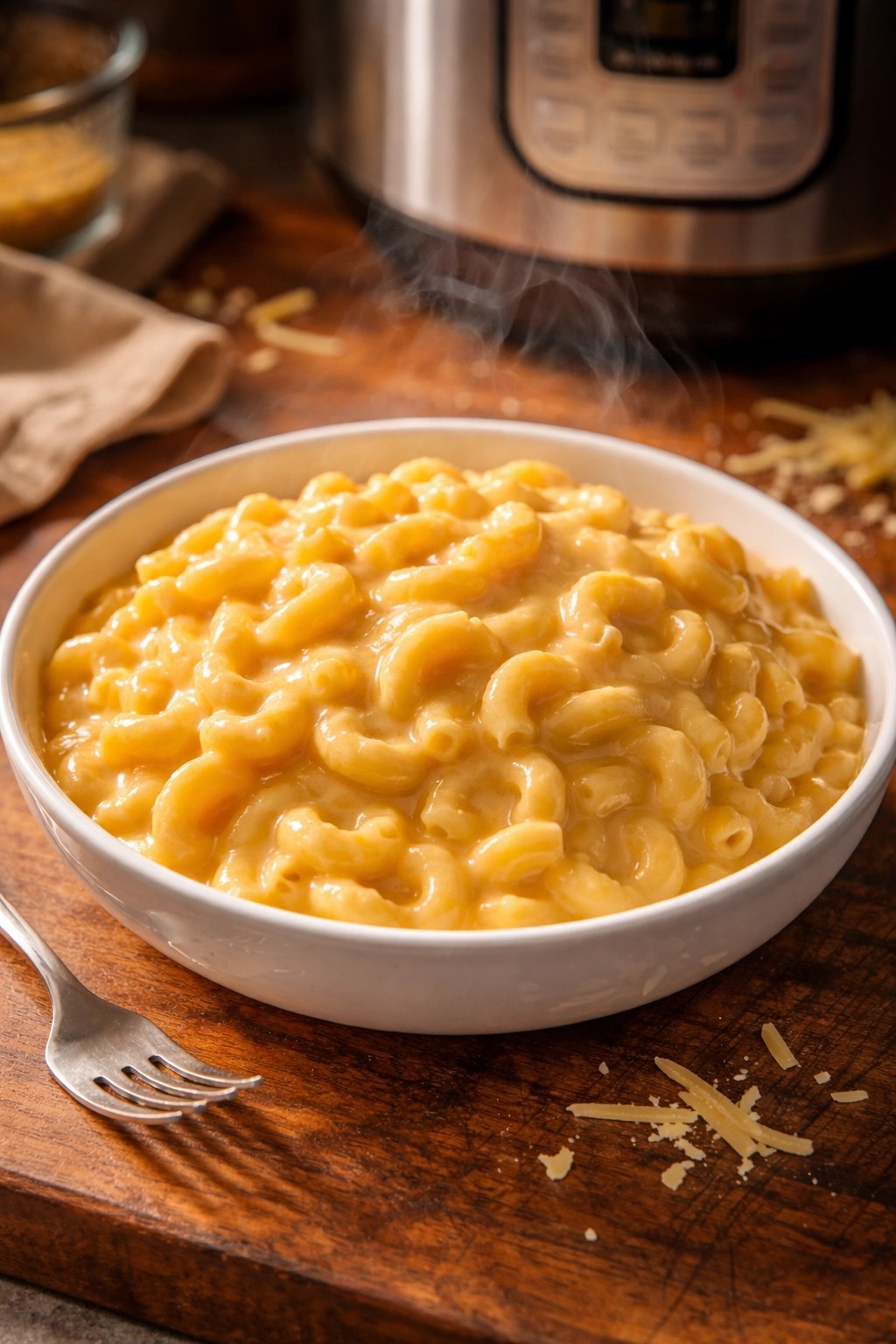 Creamy instant pot mac and cheese in a white dish with glossy sauce