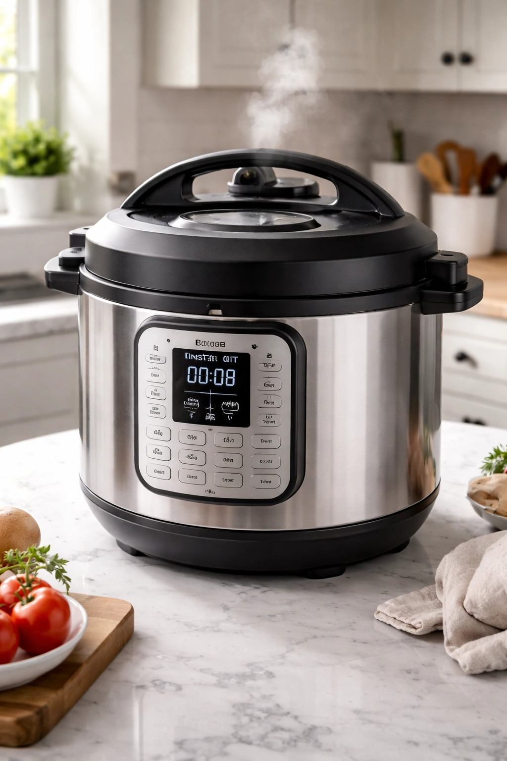 Close-up of a stainless steel Instant Pot with steam vent in a bright kitchen