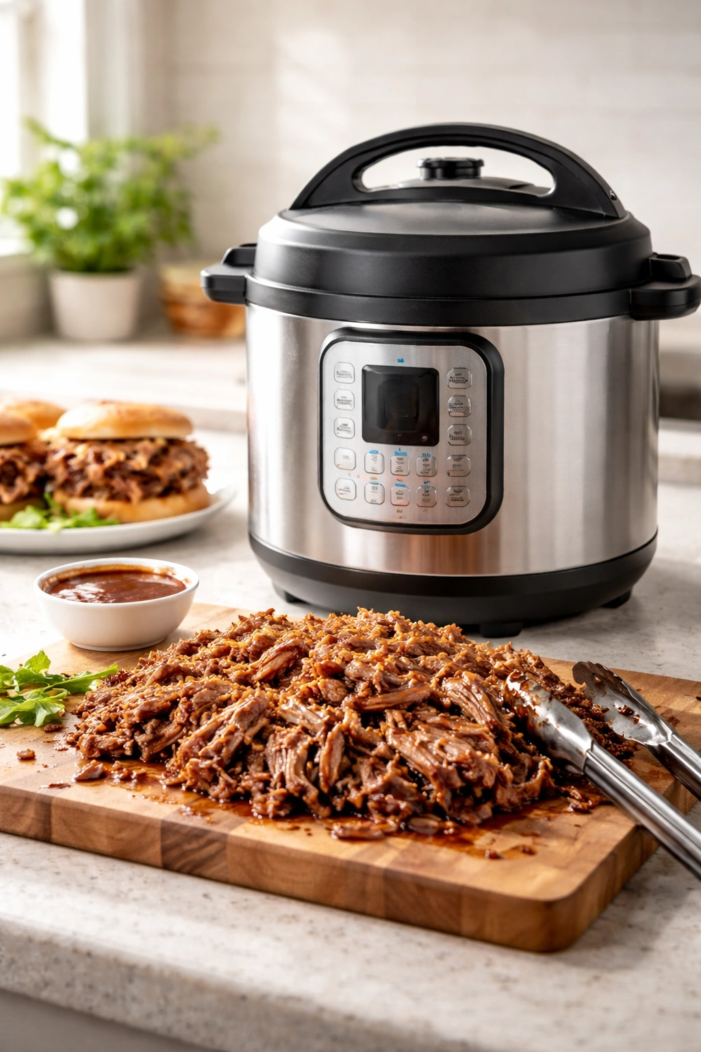 Instant Pot on a clean kitchen counter; stainless steel pressure cooker