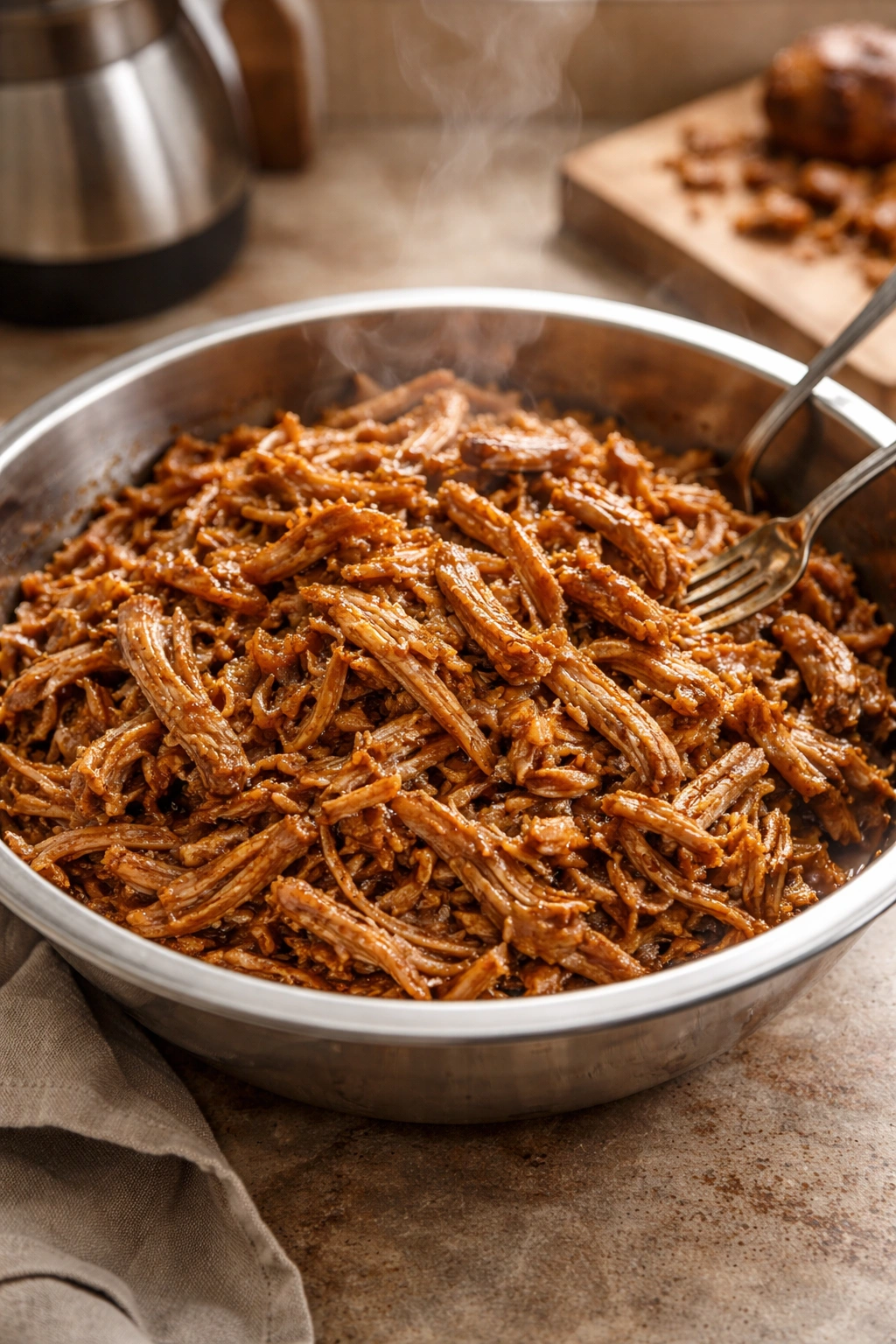 Glossy shredded pulled pork in a bowl