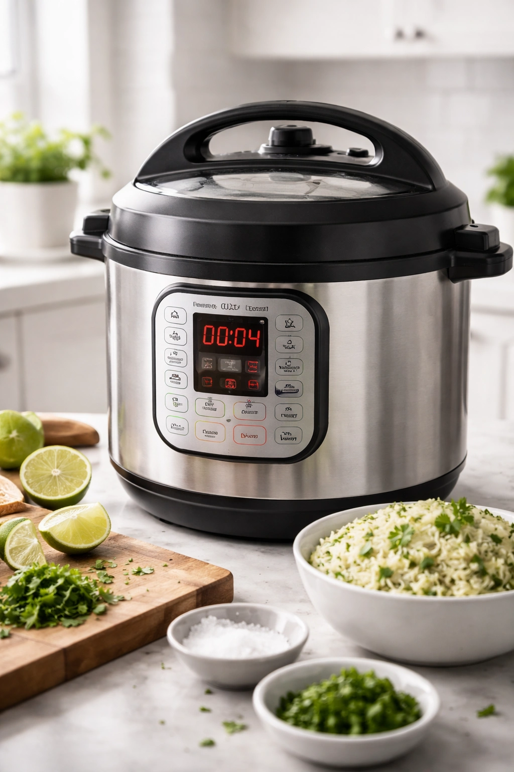 Close-up of an Instant Pot on a kitchen counter.