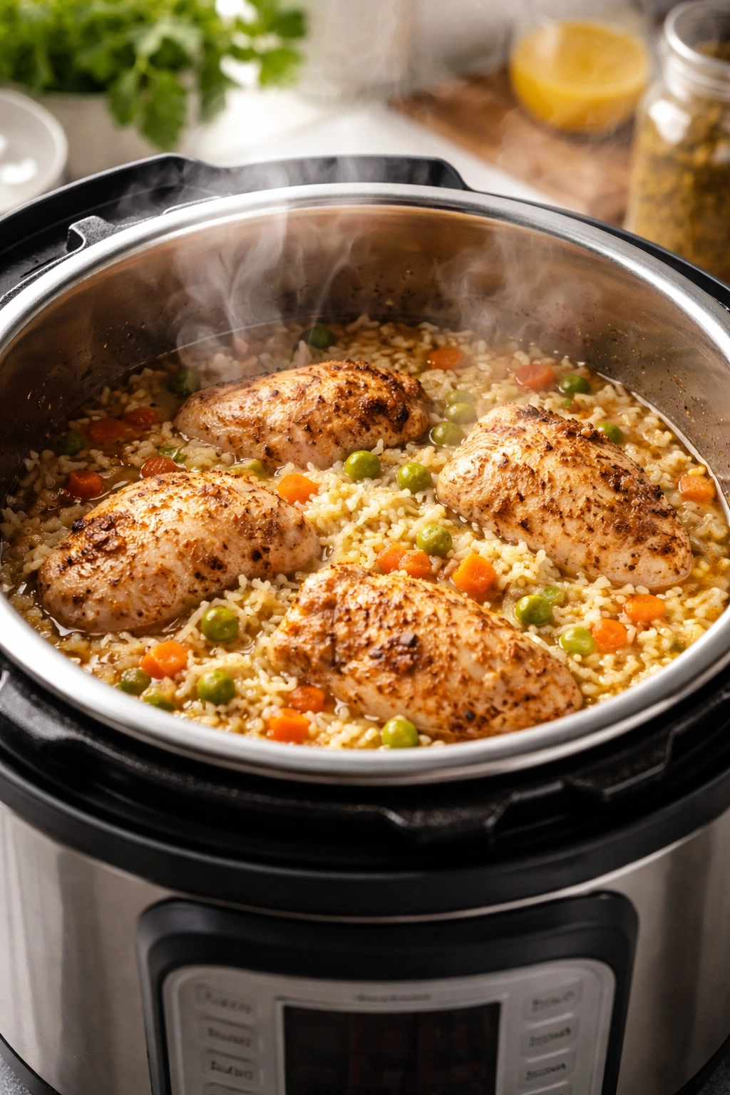 Inner pot with chicken and rice, steam rising