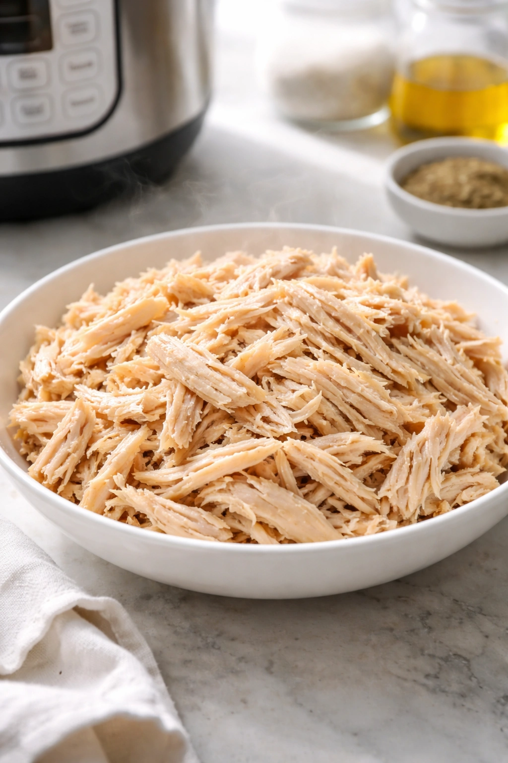 Shredded chicken in a bowl with light steam