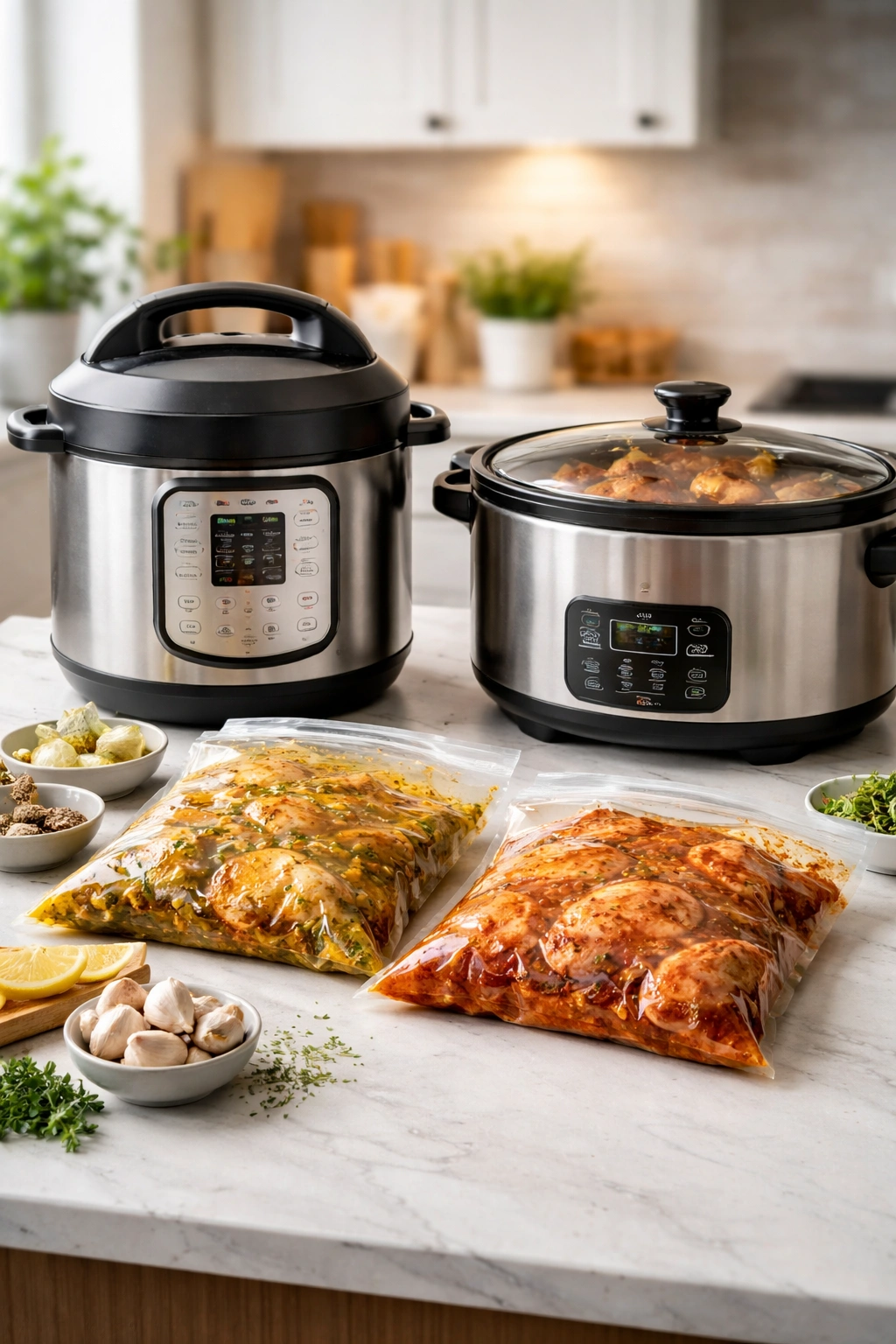 Instant Pot and slow cooker on a kitchen counter