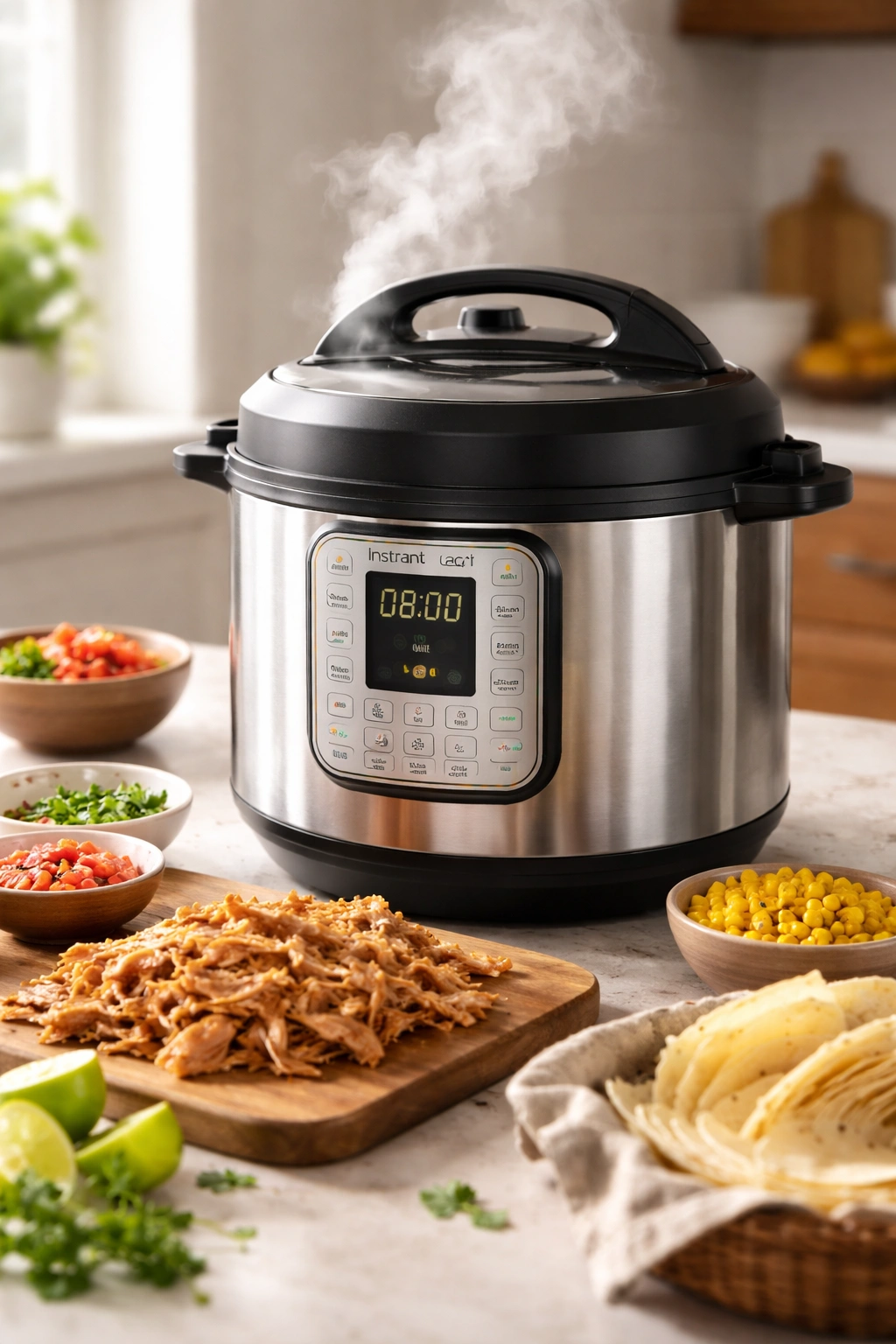 Instant Pot with steam escaping vent on countertop