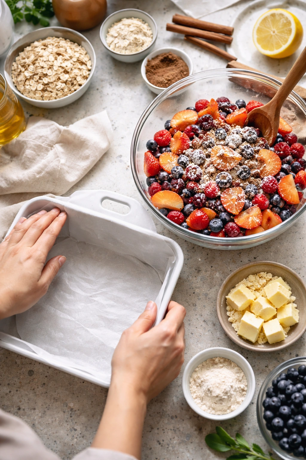 Hands preparing fruit filling in a bowl and placing into a lined dish during preparation
