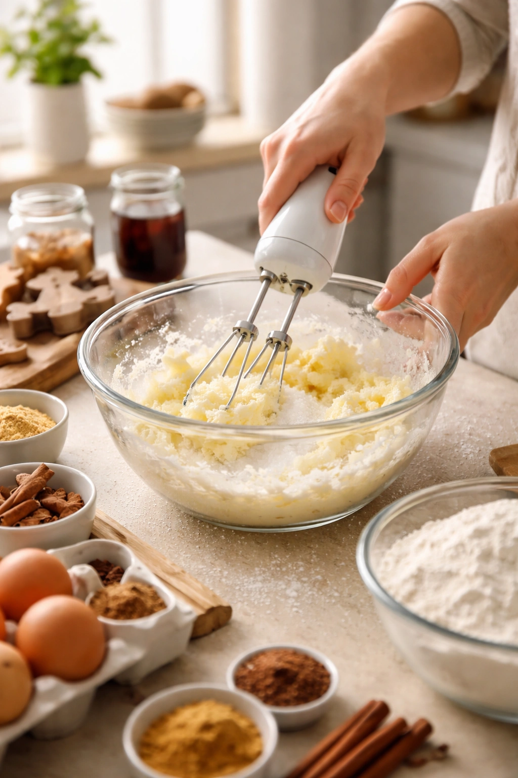 Hands creaming butter and sugar in a bowl on a kitchen counter