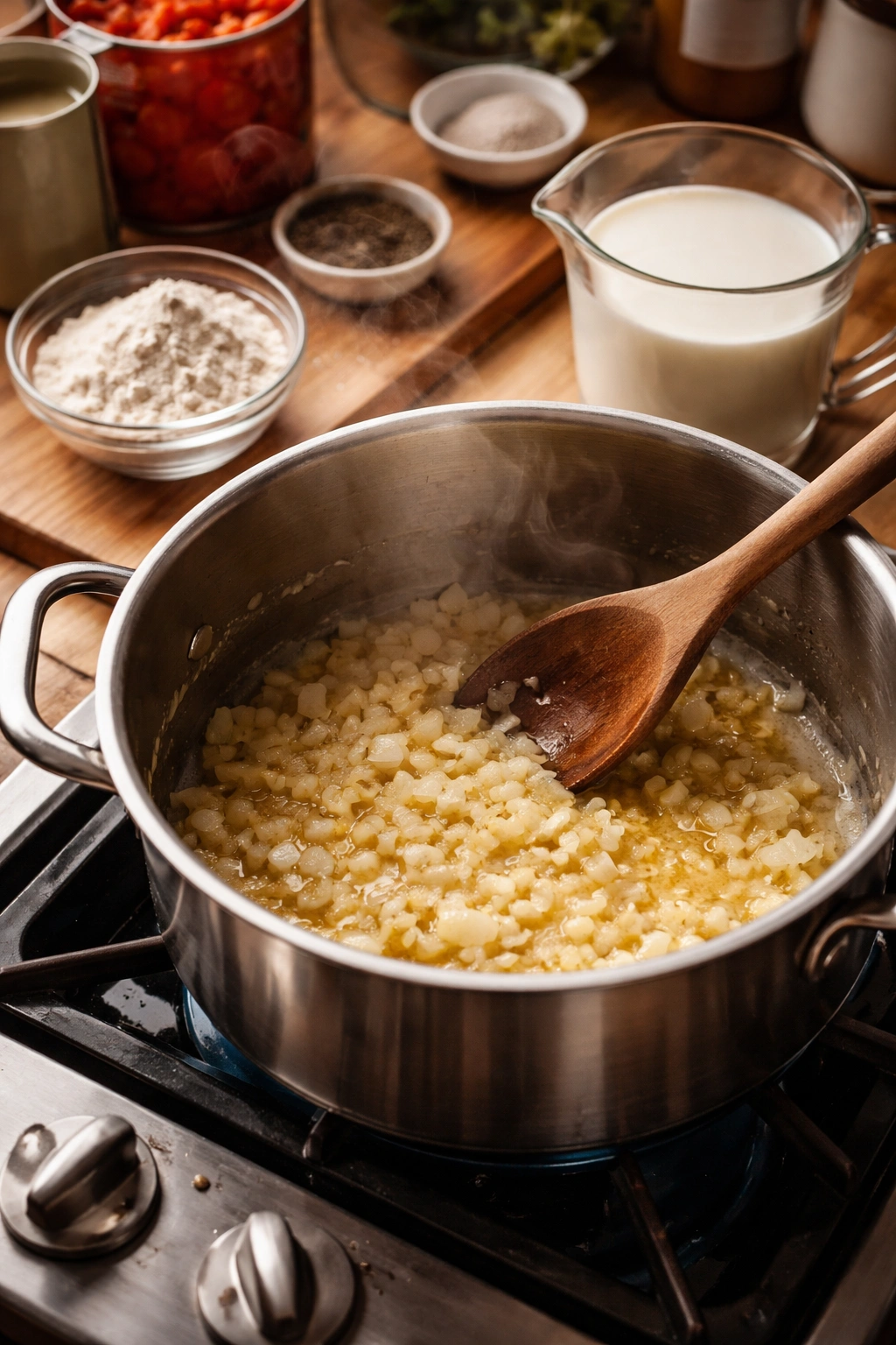 Pot with sautéed onions and garlic, flour and milk ready for whisking