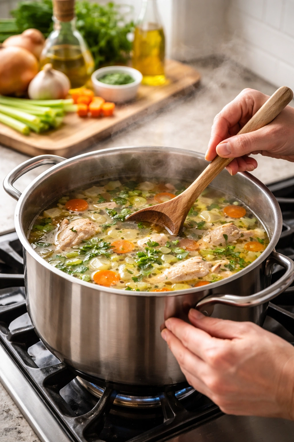 Hand stirring a pot of simmering soup