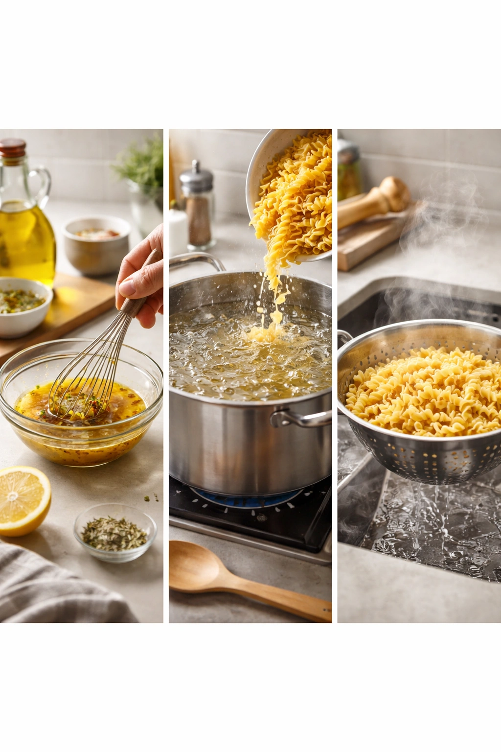 Dressing whisked, pasta boiling, and draining in sequence