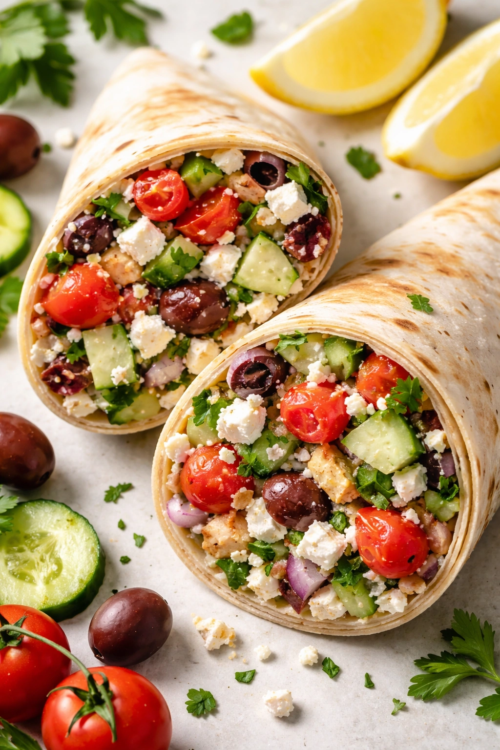 Cross-section of an international-inspired wrap with Mediterranean fillings