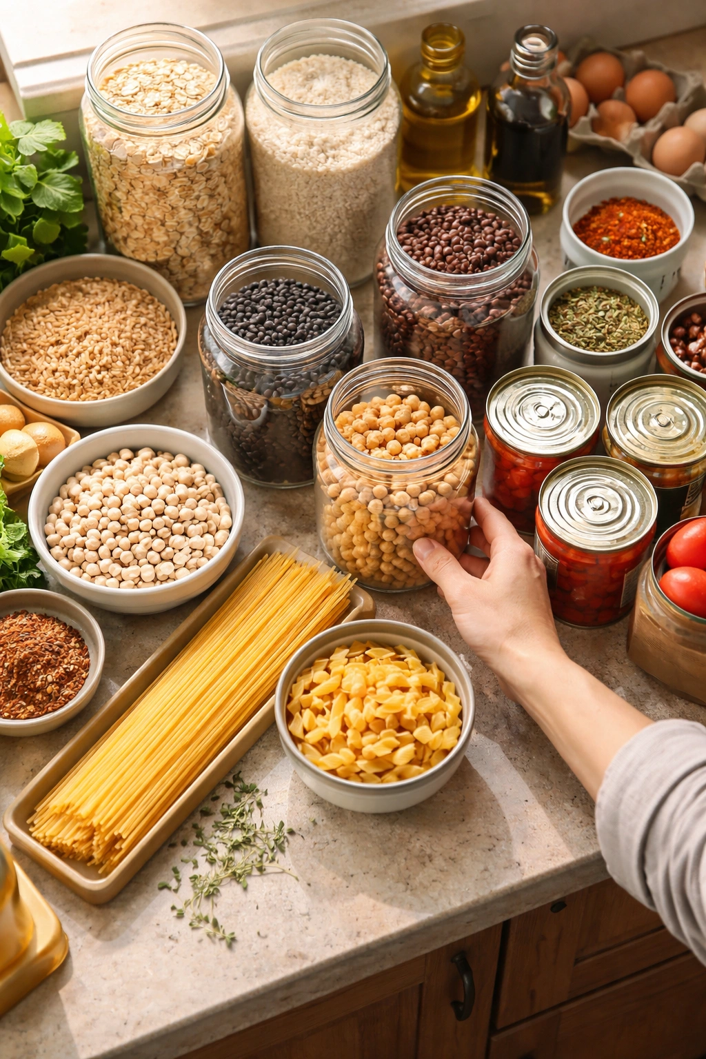 Overhead view of pantry staples arranged for planning meals