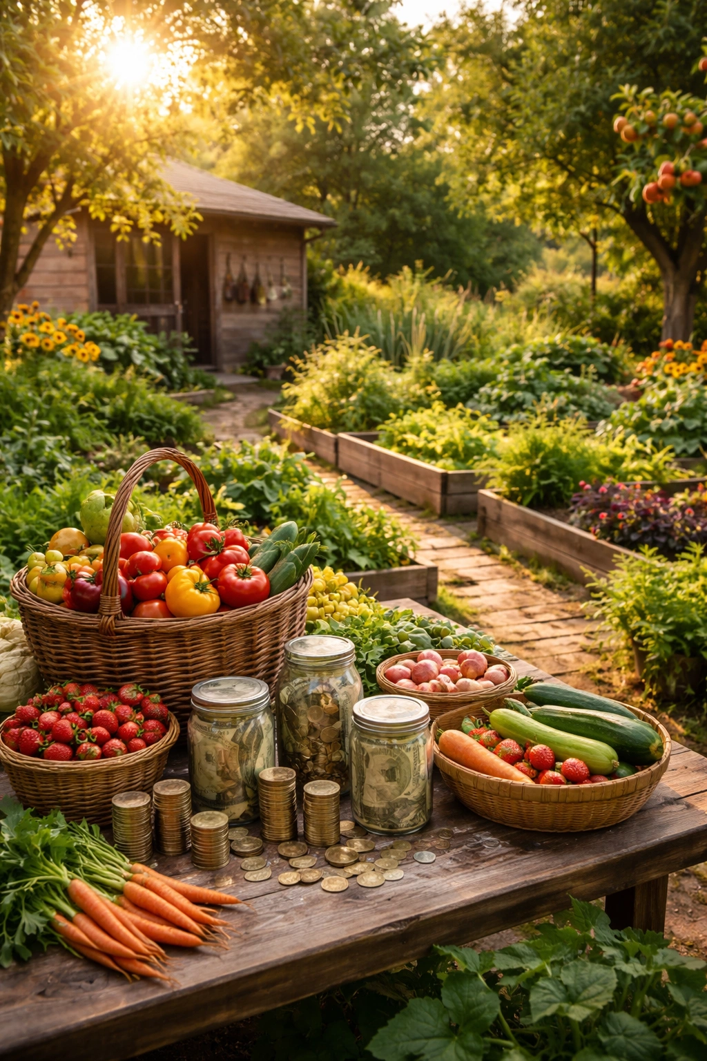 Backyard garden with abundant harvest in sunlight