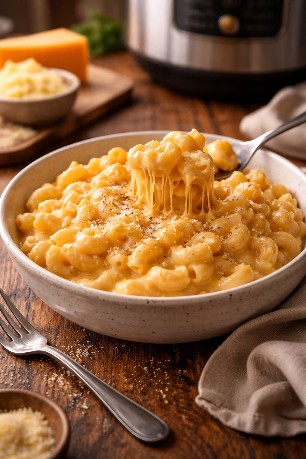 Creamy macaroni and cheese plated for serving
