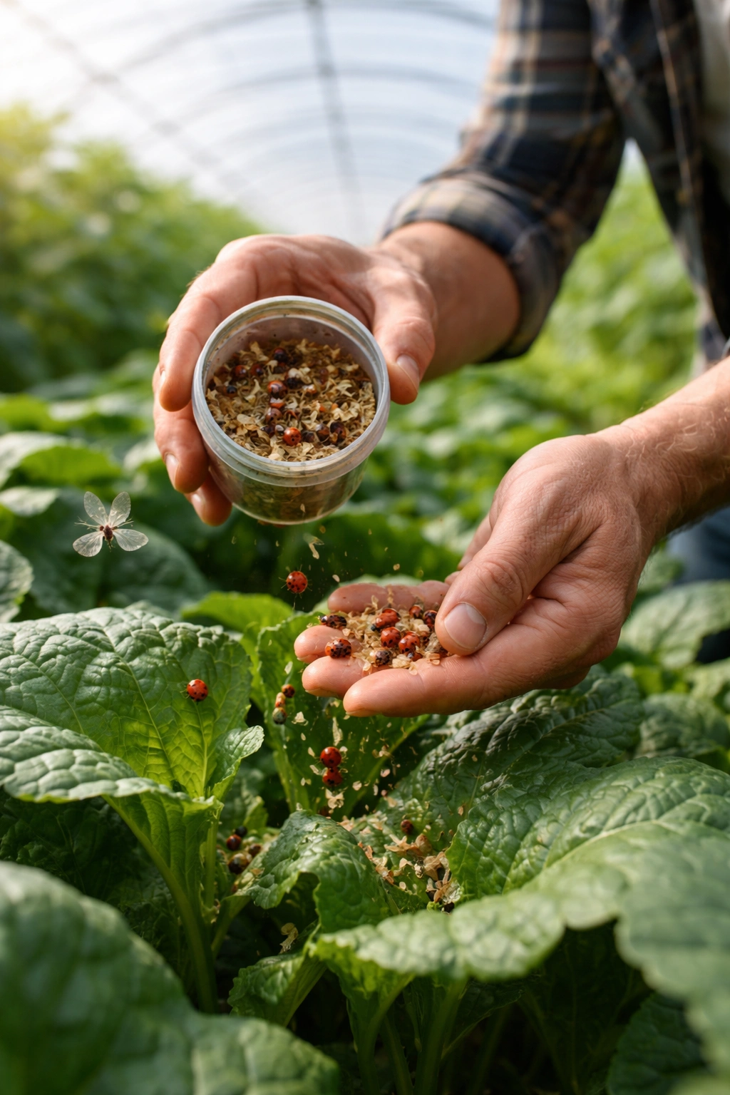 Farmer releasing beneficial insects on a crop to implement IPM