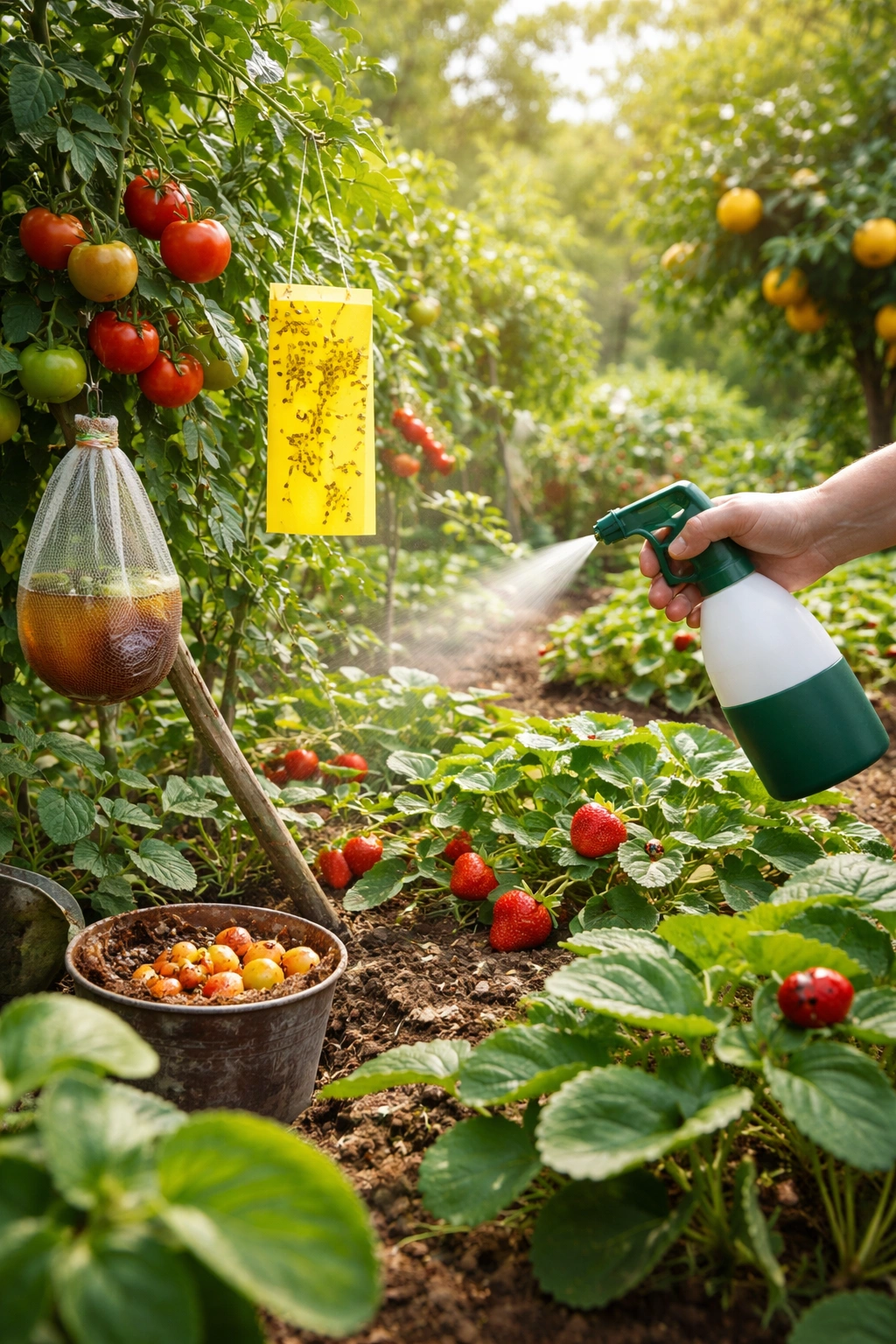 IPM-based fruit fly management in garden showing cultural, biological, mechanical, and chemical controls