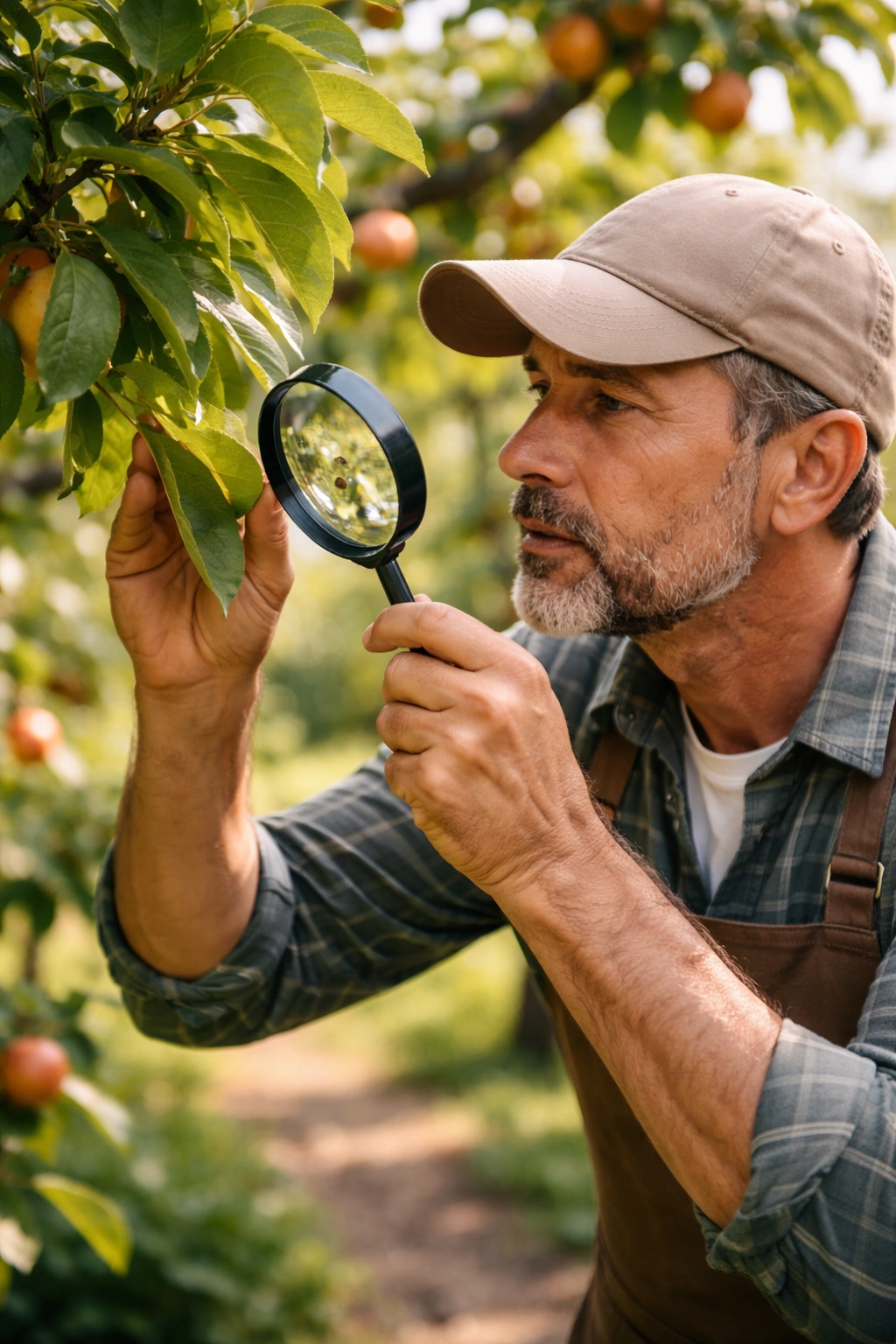 Gardener inspecting fruit tree leaves with a magnifying glass for pests