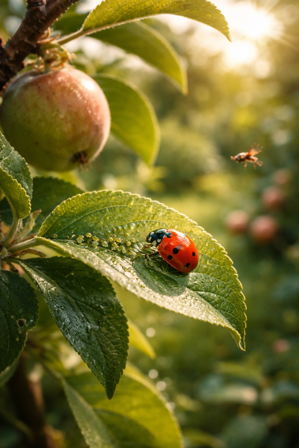 Ladybug on fruit tree leaf, representing IPM pest control