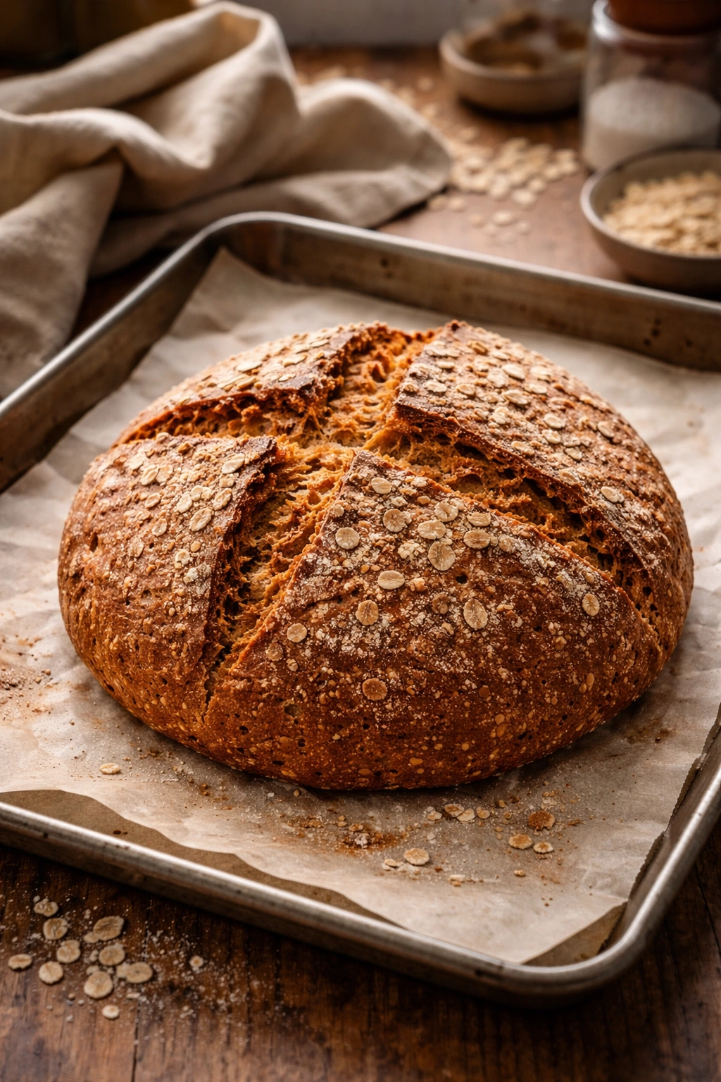 Dense Irish brown bread loaf on parchment with warm light