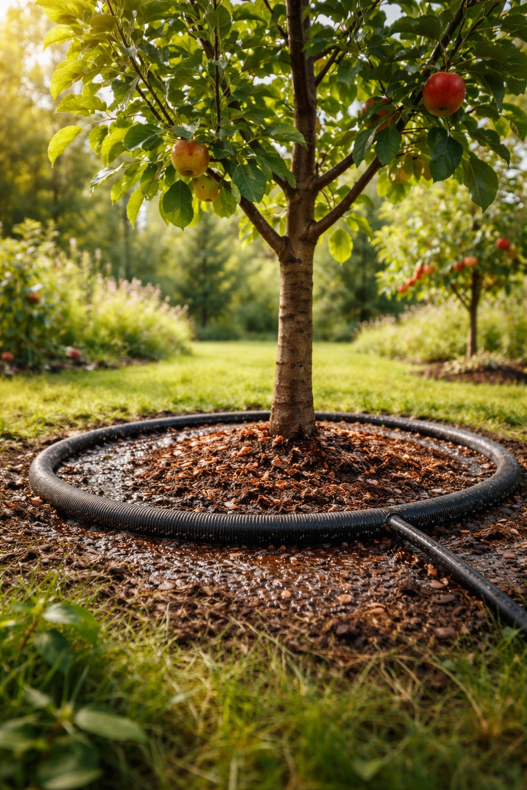 Young fruit tree with soaker hose delivering water around the base