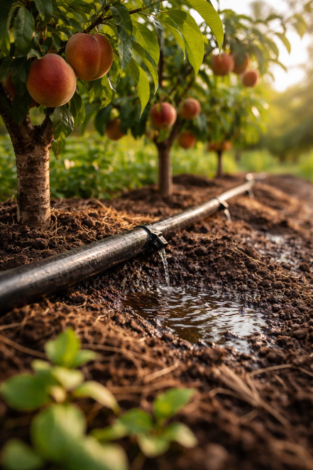 Drip irrigation in a fruit garden bed with moist soil and visible tubing.
