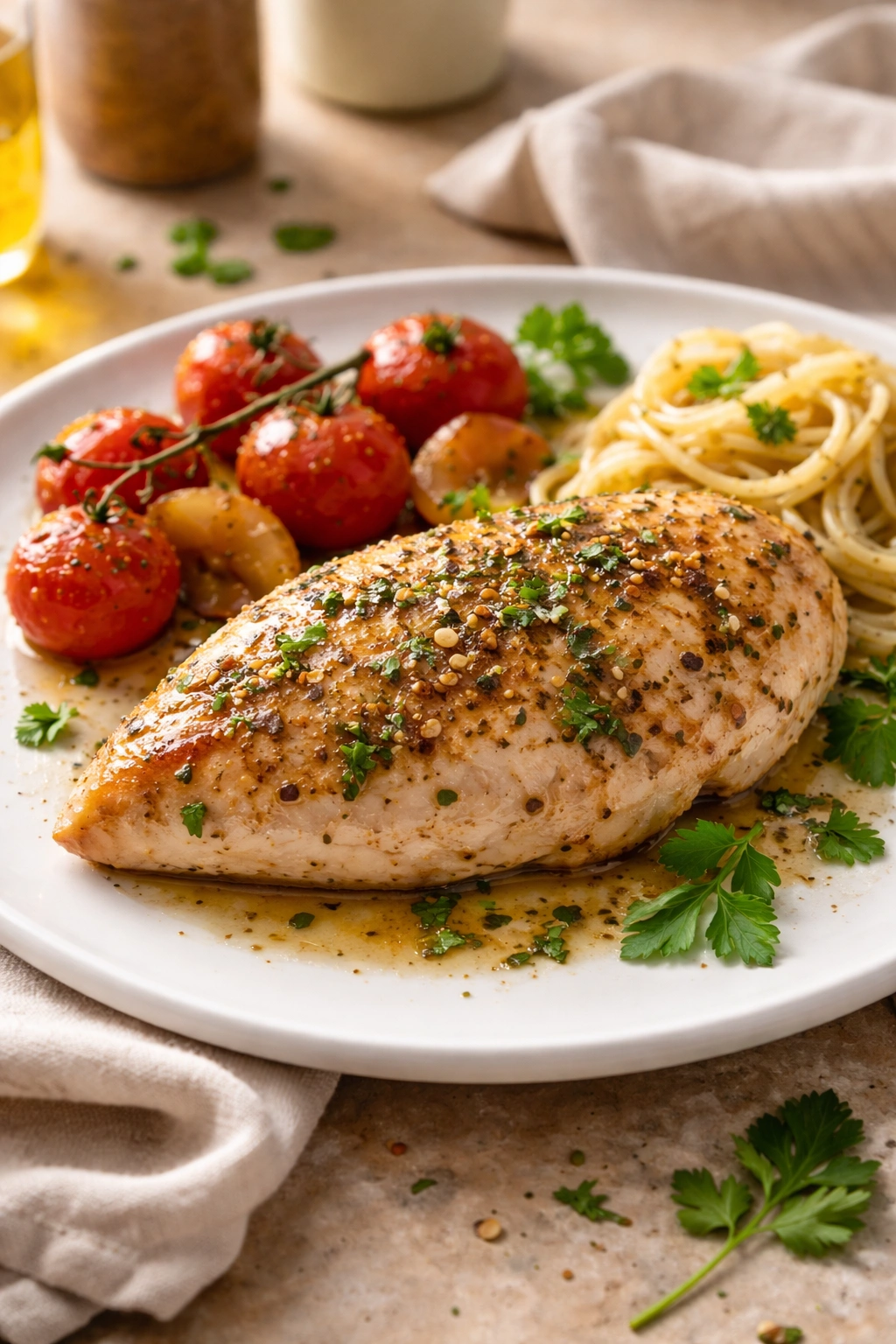 Roasted Italian baked chicken breast plated with herbs