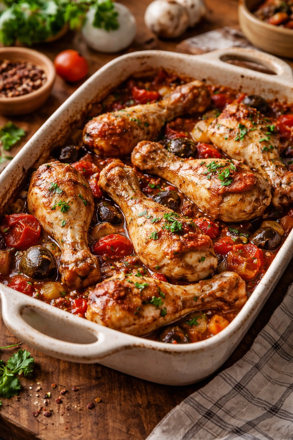 Bone-in chicken drumsticks in tomato sauce in a rustic Italian casserole