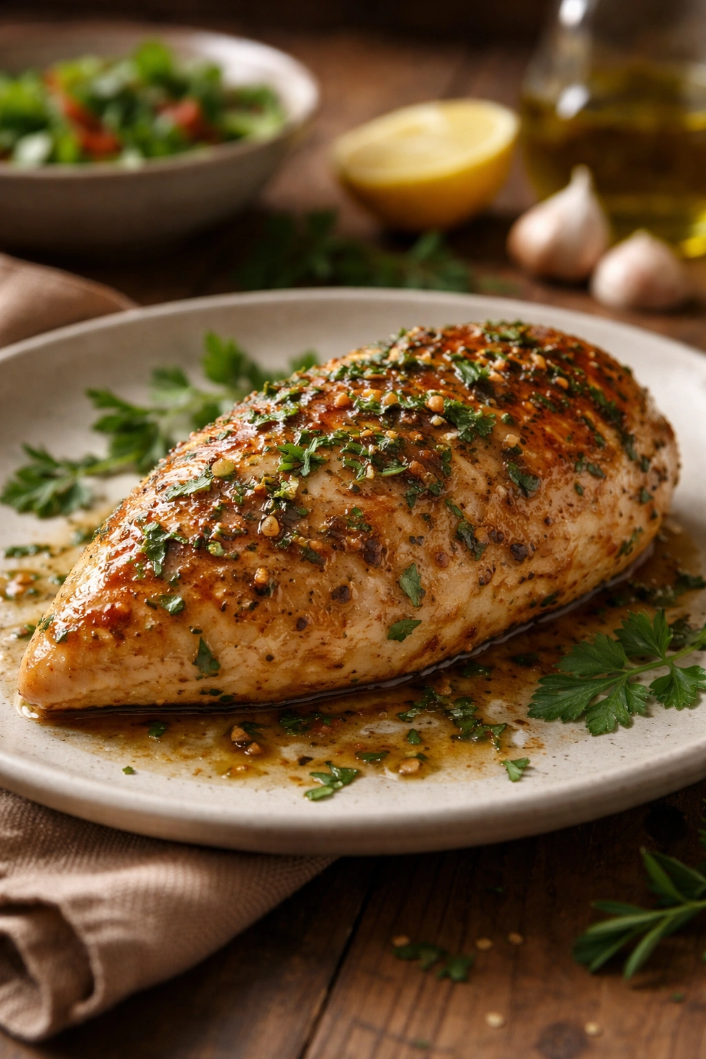 Close-up of a juicy baked Italian chicken breast with olive oil and herbs