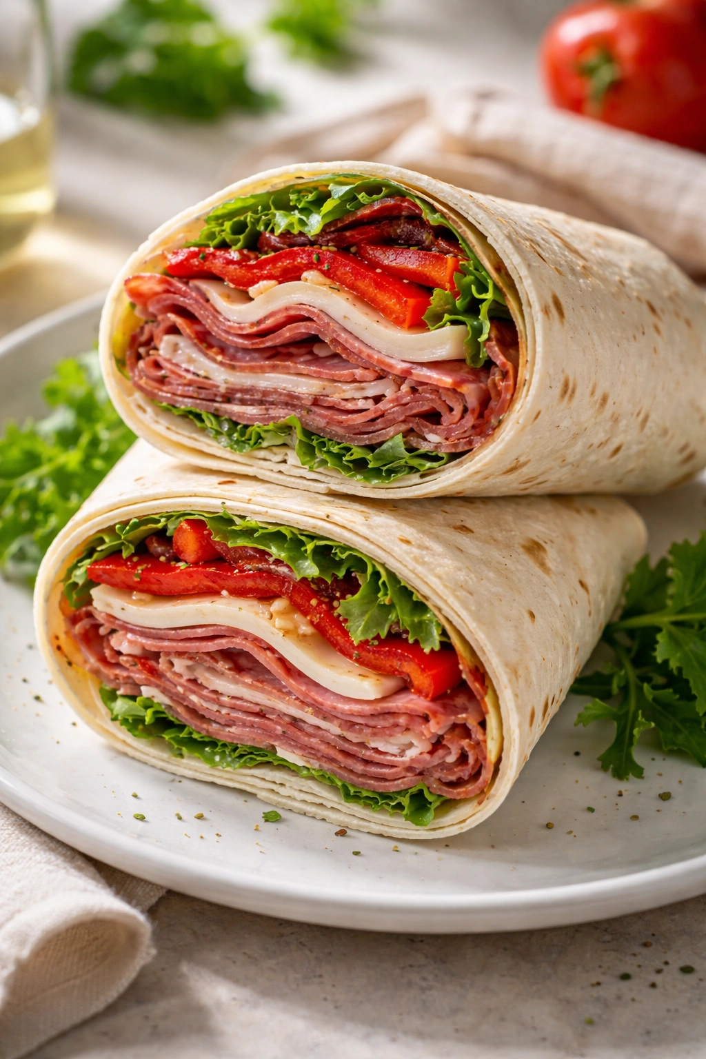Cross-section of Italian deli wrap with cured meats, provolone, and roasted peppers