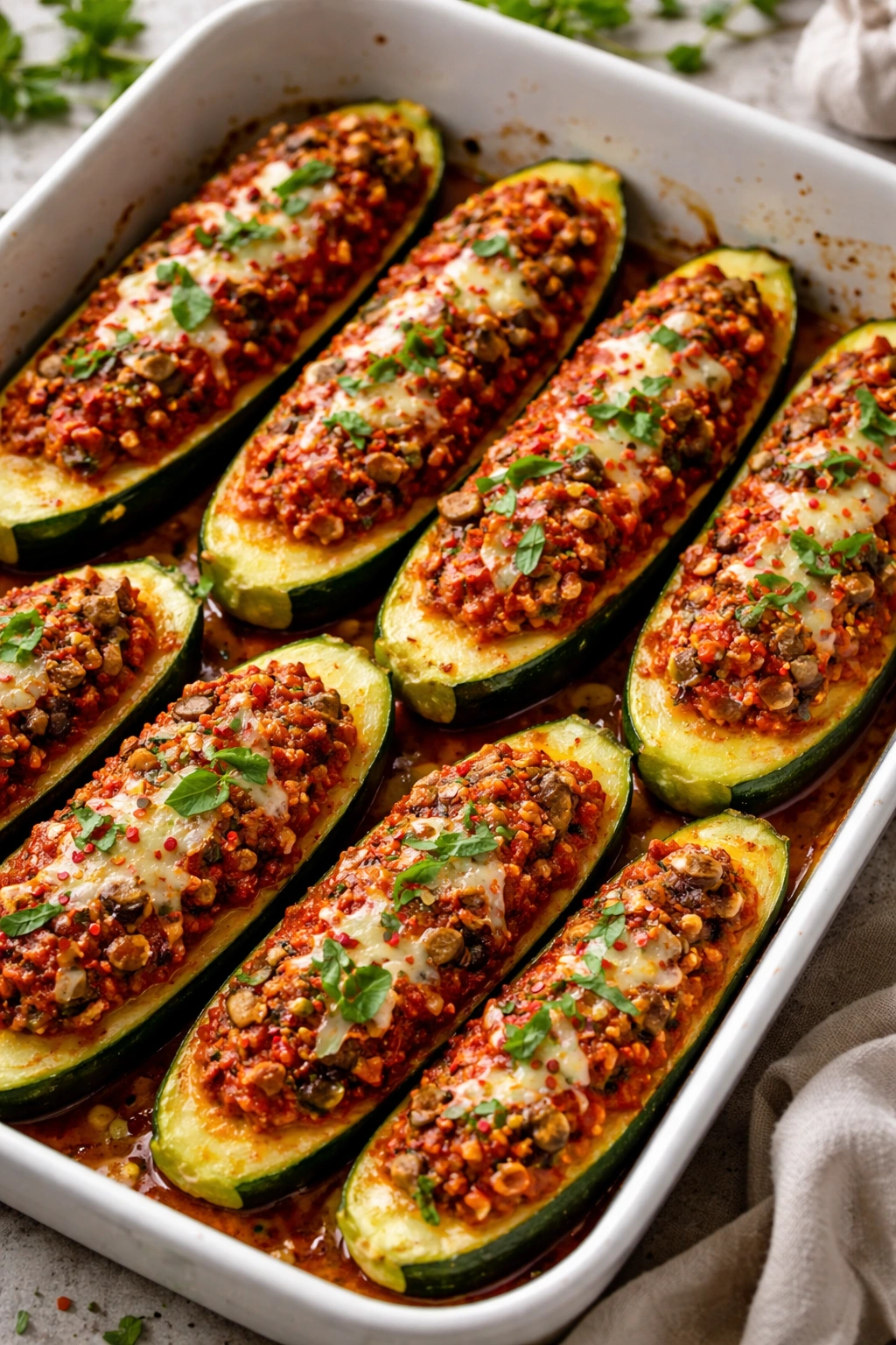 Zucchini boats with mushroom walnut filling in marinara sauce