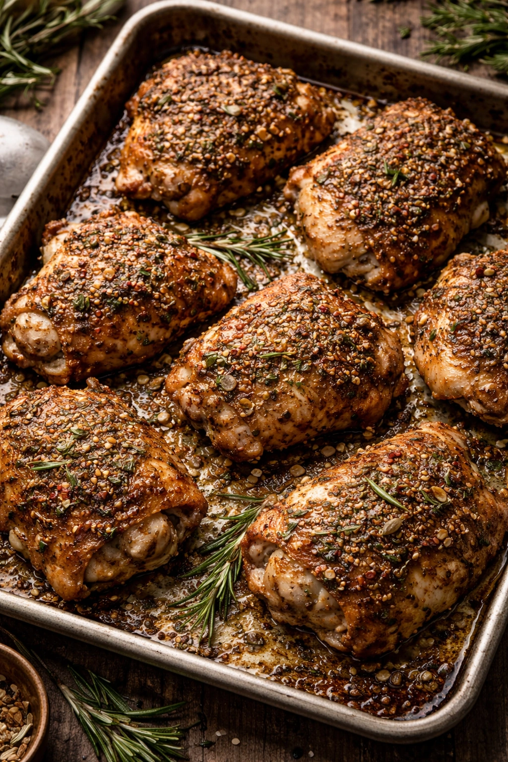 Herbed fennel-crusted chicken thighs on a sheet pan