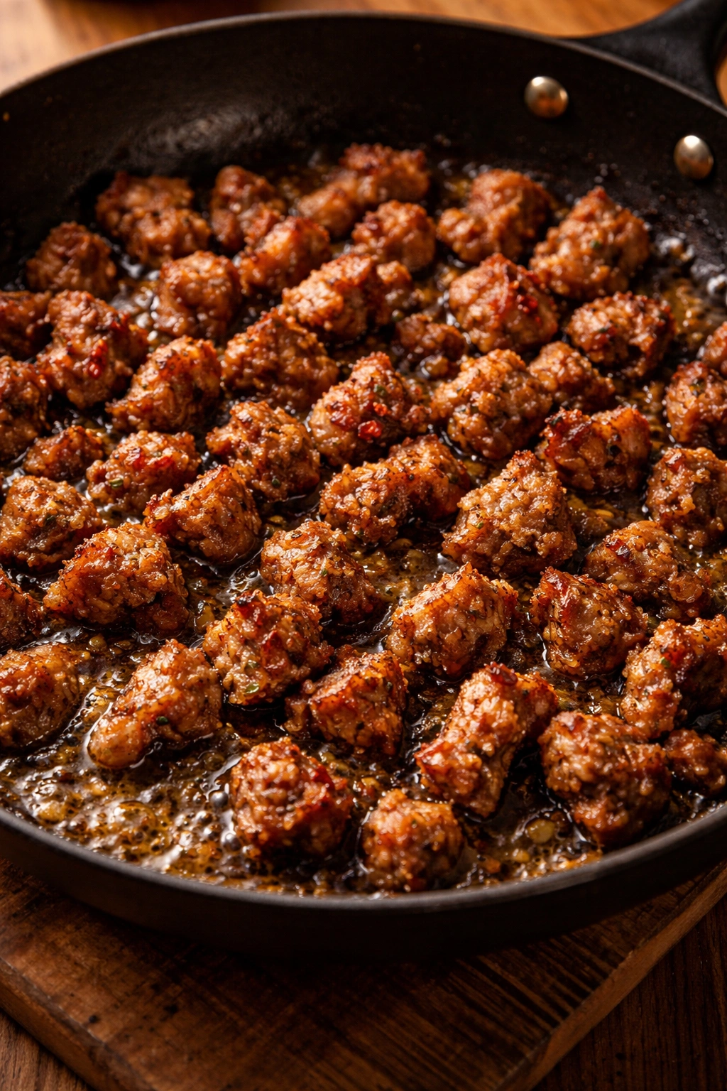 Browned Italian sausage crumbles in skillet