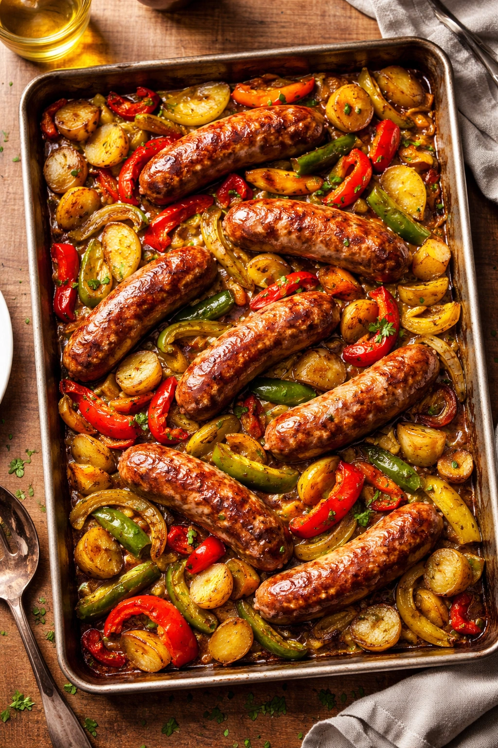 Italian sausage and peppers on a sheet pan with onions and potatoes