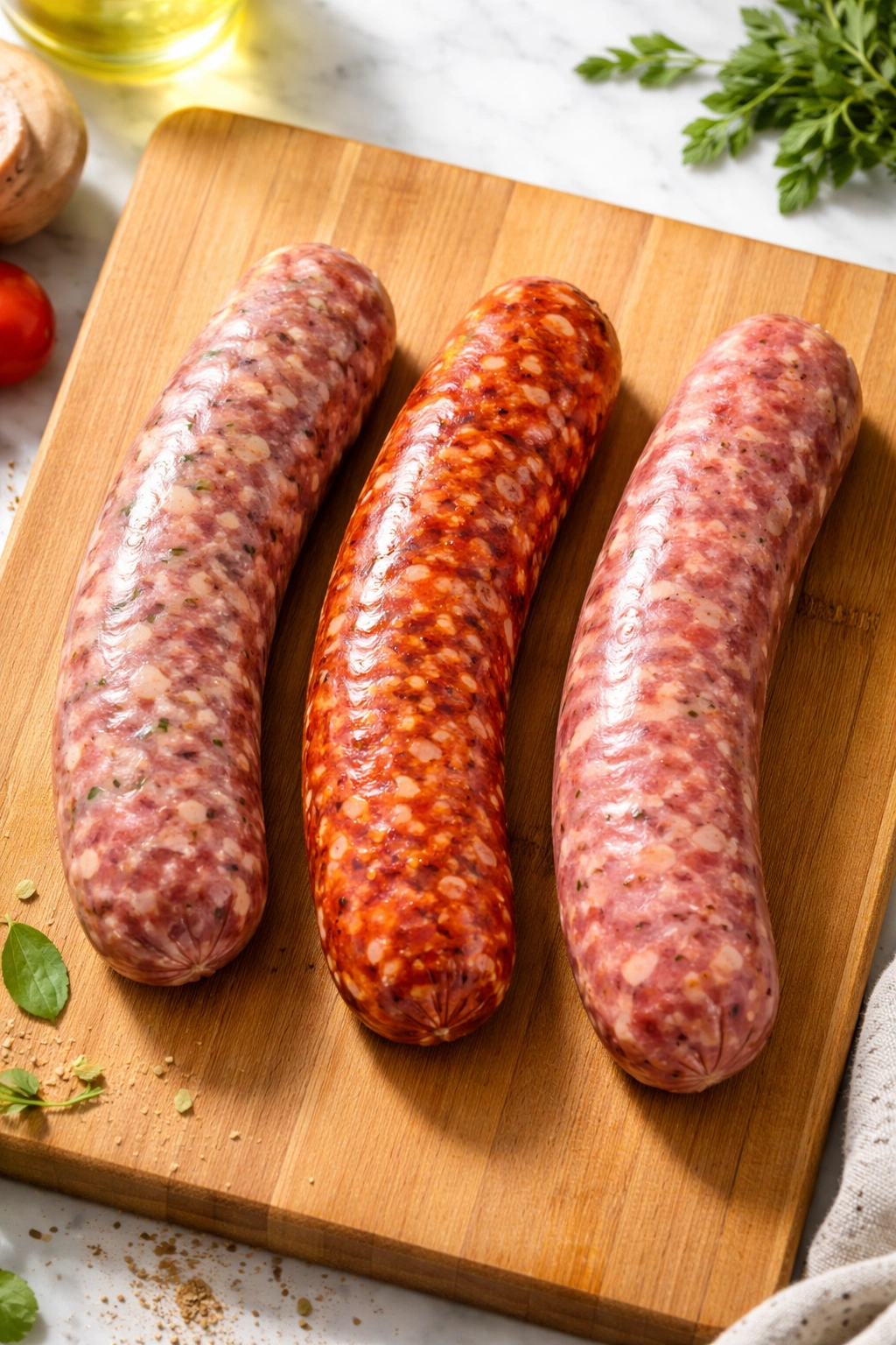 Three Italian sausages (mild, hot, sweet) arranged on a cutting board